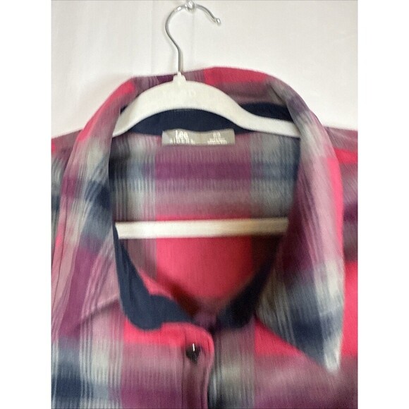 Lee Riders Women Shirt Pink  & Navy Blue Plaid Button Up Size 2X Preowned - Picture 5 of 14